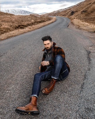 Tobacco Leather Casual Boots Warm Weather Outfits For Men: For a casually stylish look, choose a brown gingham harrington jacket and navy skinny jeans — these two pieces play nicely together. Kick up the cool of your outfit by finishing off with a pair of tobacco leather casual boots.