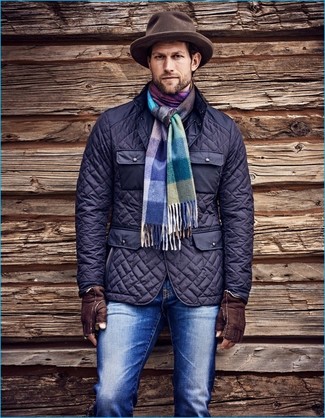 Men's Multi colored Plaid Scarf, Brown Wool Hat, Blue Jeans, Navy Quilted Field Jacket