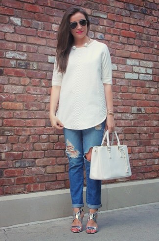 Women's White Leather Tote Bag, Silver Leather Heeled Sandals, Blue Ripped Boyfriend Jeans, White Textured Short Sleeve Blouse