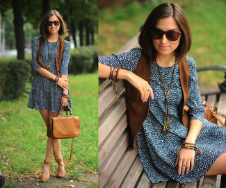 Women's Brown Leather Satchel Bag, Brown Suede Heeled Sandals, Navy and White Print Casual Dress, Brown Suede Vest