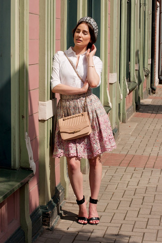 Women's Tan Quilted Leather Crossbody Bag, Black Leather Heeled Sandals, Pink Floral Full Skirt, White Dress Shirt