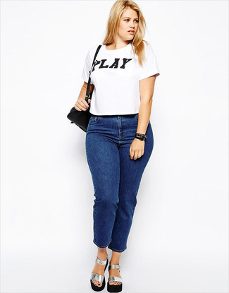 Women's Black Leather Crossbody Bag, Silver Chunky Leather Heeled Sandals, Blue Jeans, White and Black Print Crew-neck T-shirt