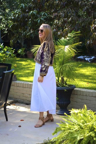 Women's Brown and Gold Sunglasses, Tan Leather Heeled Sandals, White Maxi Dress, Purple Embroidered Biker Jacket