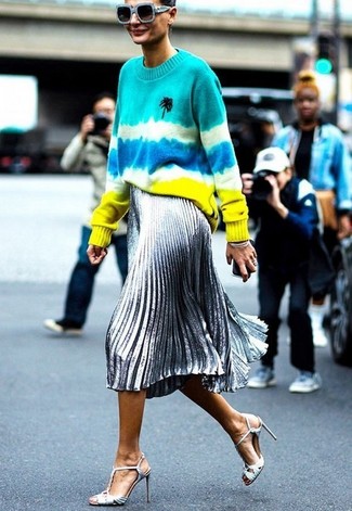 Women's Light Blue Sunglasses, Silver Leather Heeled Sandals, Silver Pleated Midi Skirt, Multi colored Tie-Dye Crew-neck Sweater