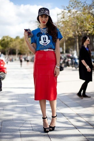 Women's Black Embellished Cap, Black Satin Heeled Sandals, Red Midi Skirt, Blue Print Crew-neck T-shirt