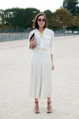 Women's Brown Leather Clutch, Beige Leather Heeled Sandals, White Pleated Midi Skirt, White Dress Shirt
