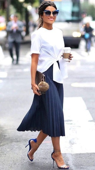 Navy Pleated Midi Skirt Outfits: 