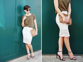 Women's Brown Suede Clutch, Black Leather Heeled Sandals, White Lace Pencil Skirt, Olive Crew-neck T-shirt
