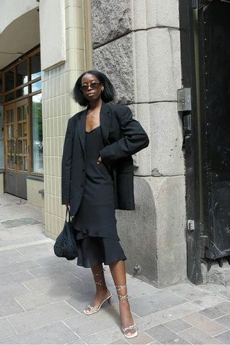 Women's Black Crochet Tote Bag, Gold Leather Heeled Sandals, Black Ruffle Sheath Dress, Black Blazer