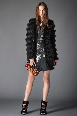 Black Fur Heeled Sandals Outfits: 