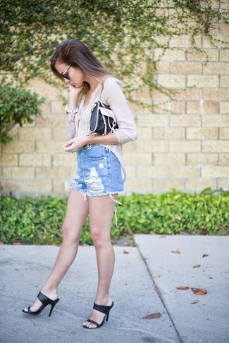 Blue Ripped Denim Shorts Smart Casual Outfits For Women: 