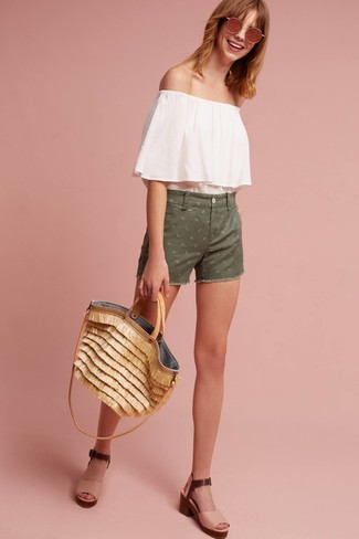 White Off Shoulder Top with Heeled Sandals Outfits: 