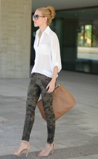Women's Brown Leather Tote Bag, Beige Leather Heeled Sandals, Olive Camouflage Skinny Jeans, White Button Down Blouse