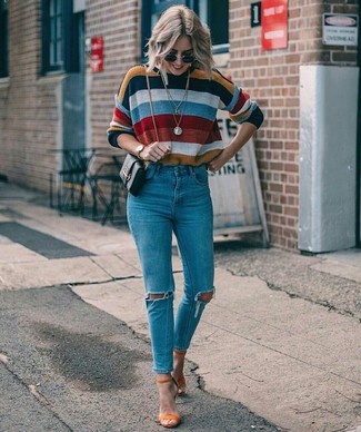 Women's Black Leather Crossbody Bag, Orange Suede Heeled Sandals, Blue Ripped Skinny Jeans, Multi colored Horizontal Striped Crew-neck Sweater