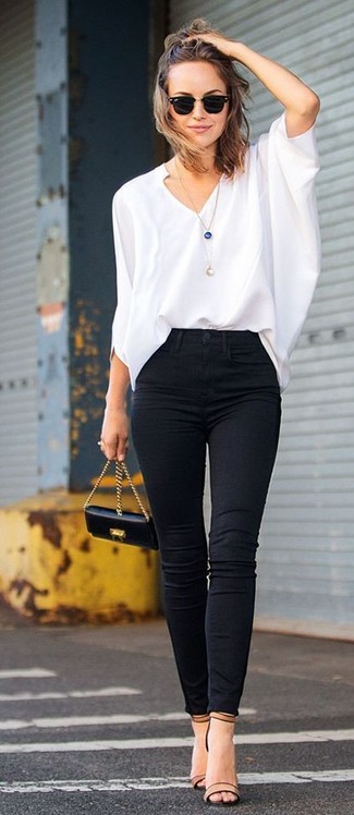 Women's Black Leather Crossbody Bag, Tan Leather Heeled Sandals, Black Skinny Jeans, White Long Sleeve Blouse