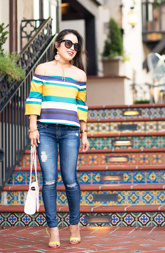 Women's White Leather Crossbody Bag, Yellow Leather Heeled Sandals, Blue Ripped Skinny Jeans, Multi colored Horizontal Striped Off Shoulder Top