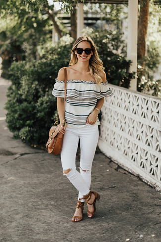 Women's Brown Leather Satchel Bag, Brown Suede Heeled Sandals, White Ripped Skinny Jeans, Grey Horizontal Striped Off Shoulder Top