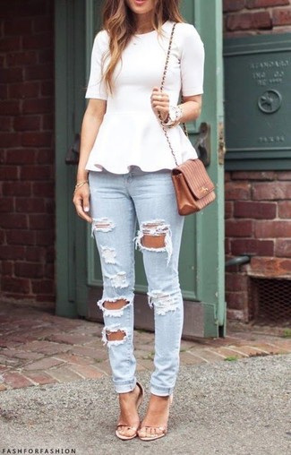 Women's Brown Leather Crossbody Bag, Beige Leather Heeled Sandals, Light Blue Ripped Skinny Jeans, White Peplum Top
