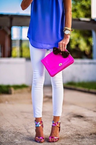 White Jeans with Hot Pink Leather Heeled Sandals Outfits: 
