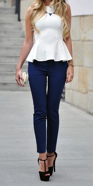 Women's White Studded Leather Clutch, Black Suede Heeled Sandals, Navy Skinny Pants, White Peplum Top