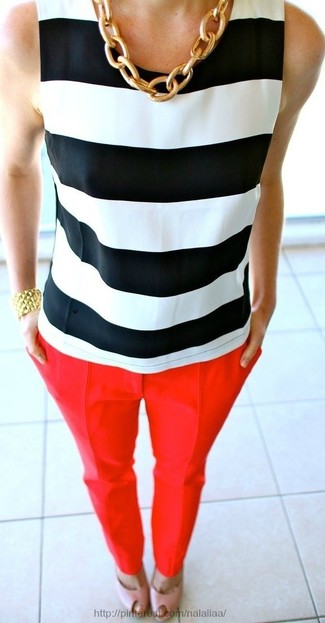 White and Black Horizontal Striped Sleeveless Top Outfits: 