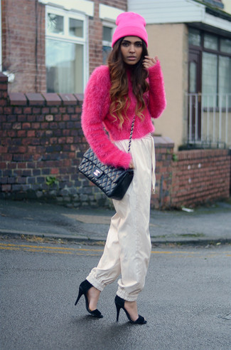 Hot Pink Fluffy Cropped Sweater Outfits: 