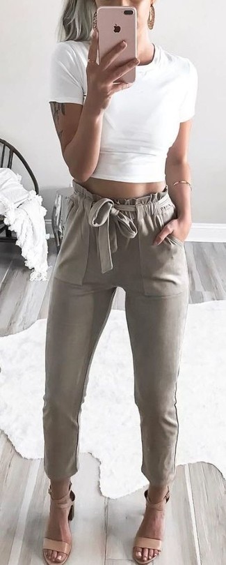 Women's Gold Bracelet, Beige Leather Heeled Sandals, Beige Tapered Pants, White Cropped Top