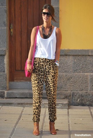 Women's Hot Pink Leather Crossbody Bag, Brown Leather Heeled Sandals, Tan Leopard Tapered Pants, White Tank