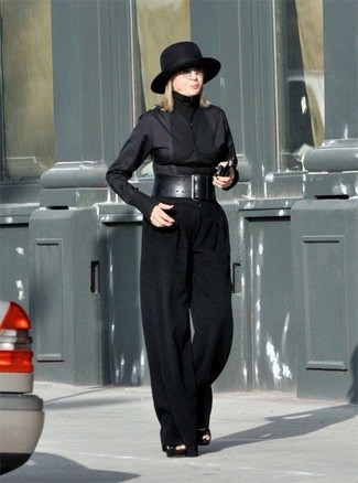 Diane Keaton wearing Black Wool Hat, Black Suede Heeled Sandals, Black Wide Leg Pants, Black Dress Shirt