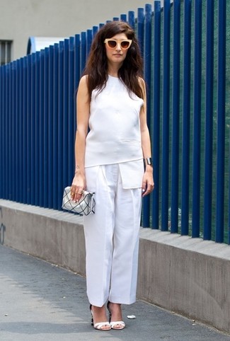 Women's Silver Leather Clutch, White and Black Leather Heeled Sandals, White Wide Leg Pants, White Sleeveless Top