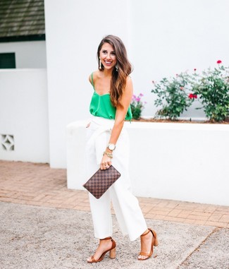 Women's Brown Check Leather Clutch, Tan Leather Heeled Sandals, White Wide Leg Pants, Green Silk Tank