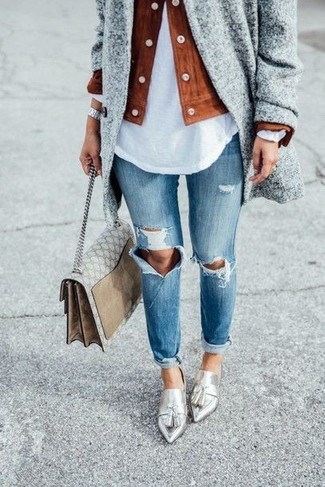 Beige Print Leather Satchel Bag Outfits: 