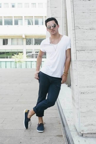 Men's White Henley Shirt, Navy Chinos, Navy Canvas Boat Shoes, Silver Sunglasses