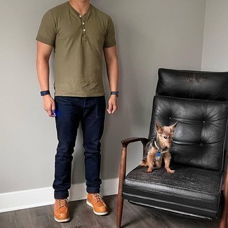 Tobacco Leather Casual Boots Outfits For Men: Choose an olive henley shirt and navy jeans to put together a casual and cool getup. To give this outfit a smarter spin, why not complement this ensemble with tobacco leather casual boots?