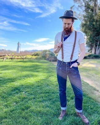 Brown Leather Suspenders Outfits: This urban pairing of a white henley shirt and brown leather suspenders is super versatile and up for whatever the day throws at you. Dark brown leather casual boots bring a classy aesthetic to the outfit.
