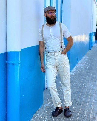 Suspenders Outfits: This combo of a white henley shirt and suspenders is on the casual side but will guarantee that you look on-trend and really stylish. Want to go all out on the shoe front? Rock a pair of black leather loafers.