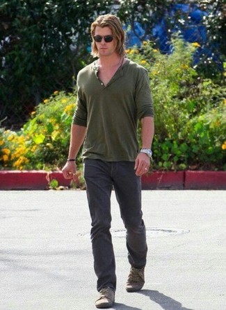 Chris Hemsworth wearing Olive Henley Shirt, Charcoal Jeans, Olive Canvas Low Top Sneakers, Black Sunglasses