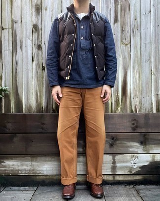 Men's Tobacco Chinos, White Henley Shirt, Navy Chambray Long Sleeve Shirt, Dark Brown Quilted Gilet