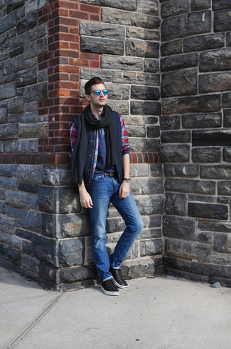 Men's Blue Jeans, Navy Henley Shirt, Red and Navy Plaid Long Sleeve Shirt, Navy Quilted Gilet