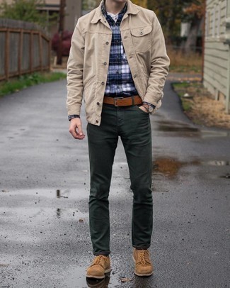 Beige Corduroy Shirt Jacket Outfits For Men: 