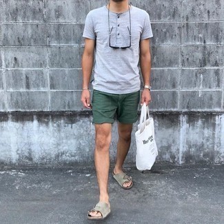 White and Black Print Canvas Tote Bag Outfits For Men: For an outfit that's extremely easy but can be flaunted in a ton of different ways, pair a grey henley shirt with a white and black print canvas tote bag. You could go down a more casual route in the footwear department by slipping into grey suede sandals.