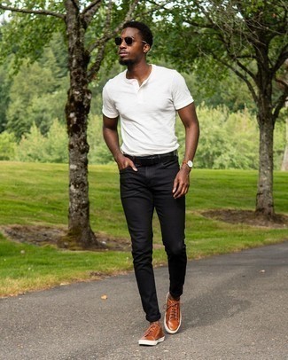 Black Jeans with Brown Sneakers Summer Outfits For Men: For a laid-back ensemble with a street style finish, try pairing a white henley shirt with black jeans. Feeling bold today? Mix things up a bit by rounding off with a pair of brown sneakers. So if it's a blazing hot hot weather day and you want to look dapper without putting too much effort, this look will do the job in no time flat.