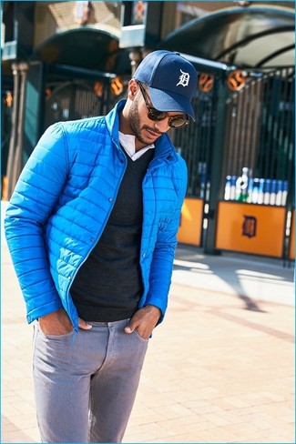 Aquamarine Puffer Jacket Outfits For Men: 