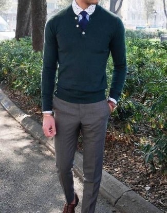 Olive Henley Sweater Outfits: This pairing of an olive henley sweater and grey dress pants is a fail-safe option when you need to look classy and really smart. Want to break out of the mold? Then why not complement your outfit with brown leather oxford shoes?