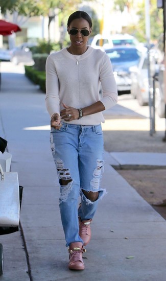 Women's Black Sunglasses, Pink Leather High Top Sneakers, Light Blue Ripped Boyfriend Jeans, White Crew-neck Sweater