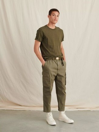 Men's Olive Canvas Belt, White Canvas High Top Sneakers, Olive Cargo Pants, Olive Crew-neck T-shirt