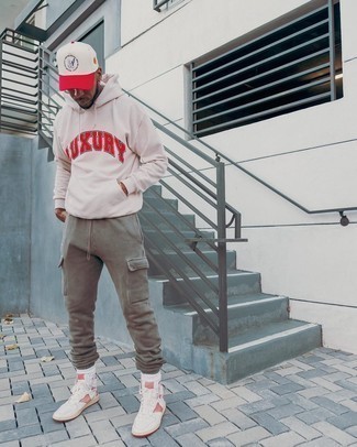 Men's White and Red Baseball Cap, White and Red Leather High Top Sneakers, Olive Cargo Pants, Beige Print Hoodie