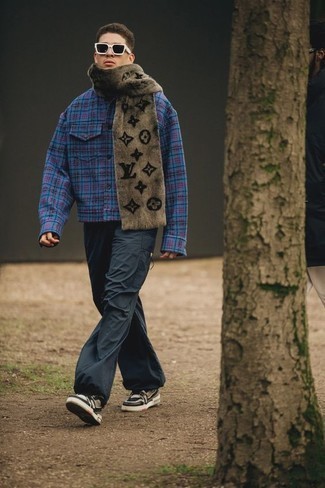 Men's Olive Print Scarf, Olive Canvas High Top Sneakers, Charcoal Cargo Pants, Blue Plaid Flannel Shirt Jacket