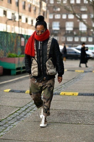 Men's Red Knit Scarf, Brown Camouflage Canvas High Top Sneakers, Olive Camouflage Chinos, Black Quilted Bomber Jacket