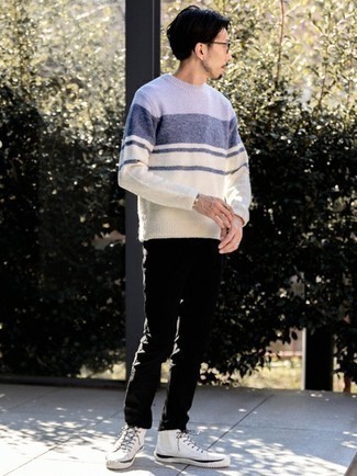 Men's Clear Sunglasses, White Canvas High Top Sneakers, Black Chinos, White and Navy Horizontal Striped Crew-neck Sweater